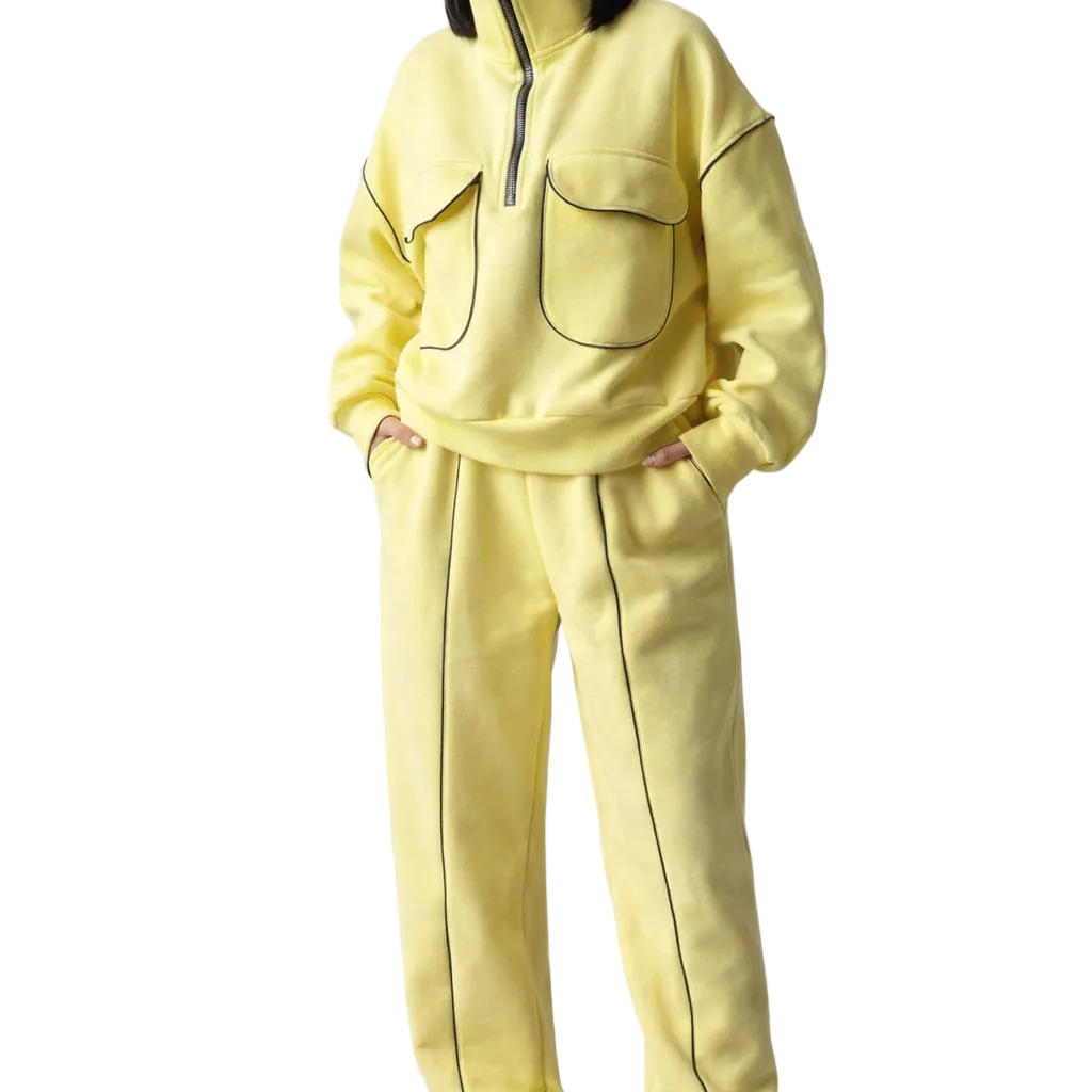 Yellow zip-up sweatshirt and jogger set with contrast seams