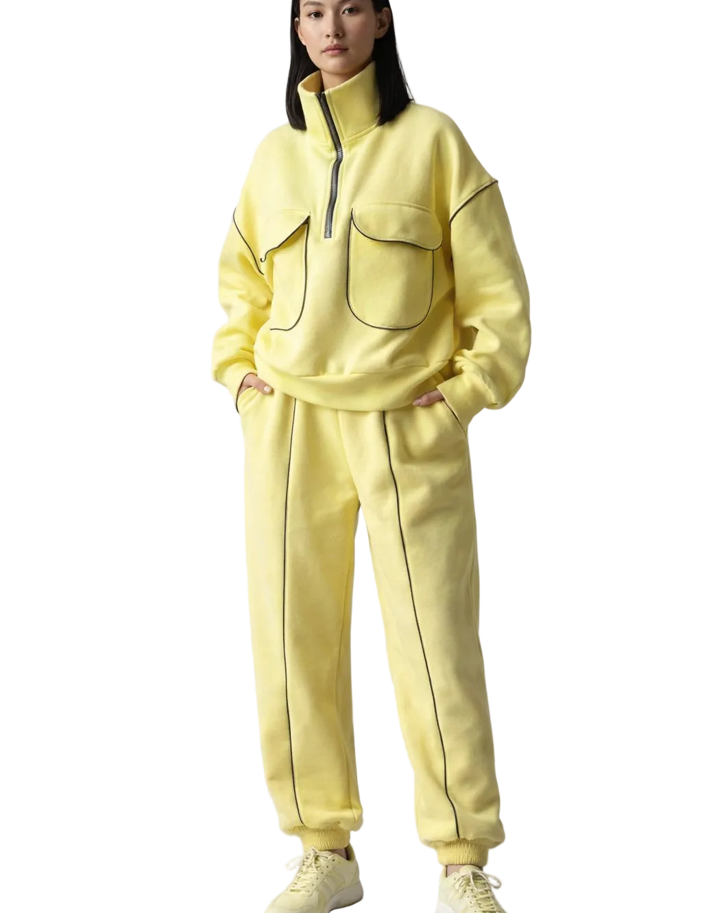 Yellow zip-up sweatshirt and jogger set with contrast seams