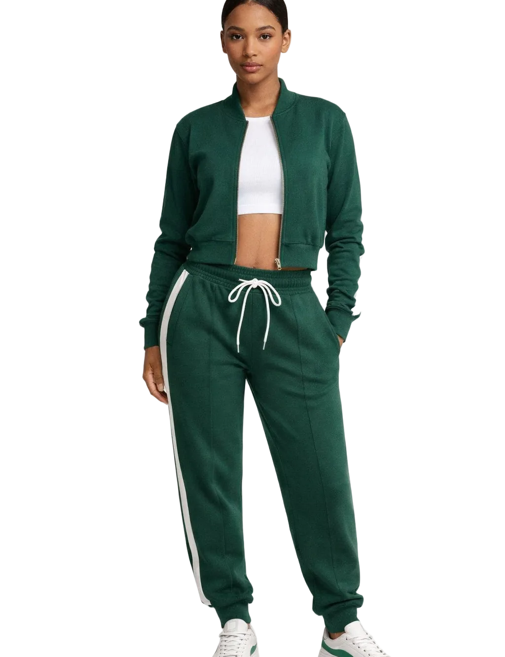 Green cropped zip jacket and wide-leg pants set