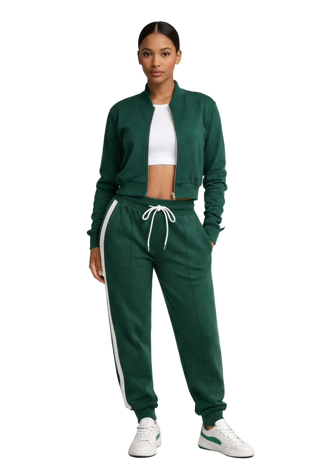 Green cropped zip jacket and wide-leg pants set