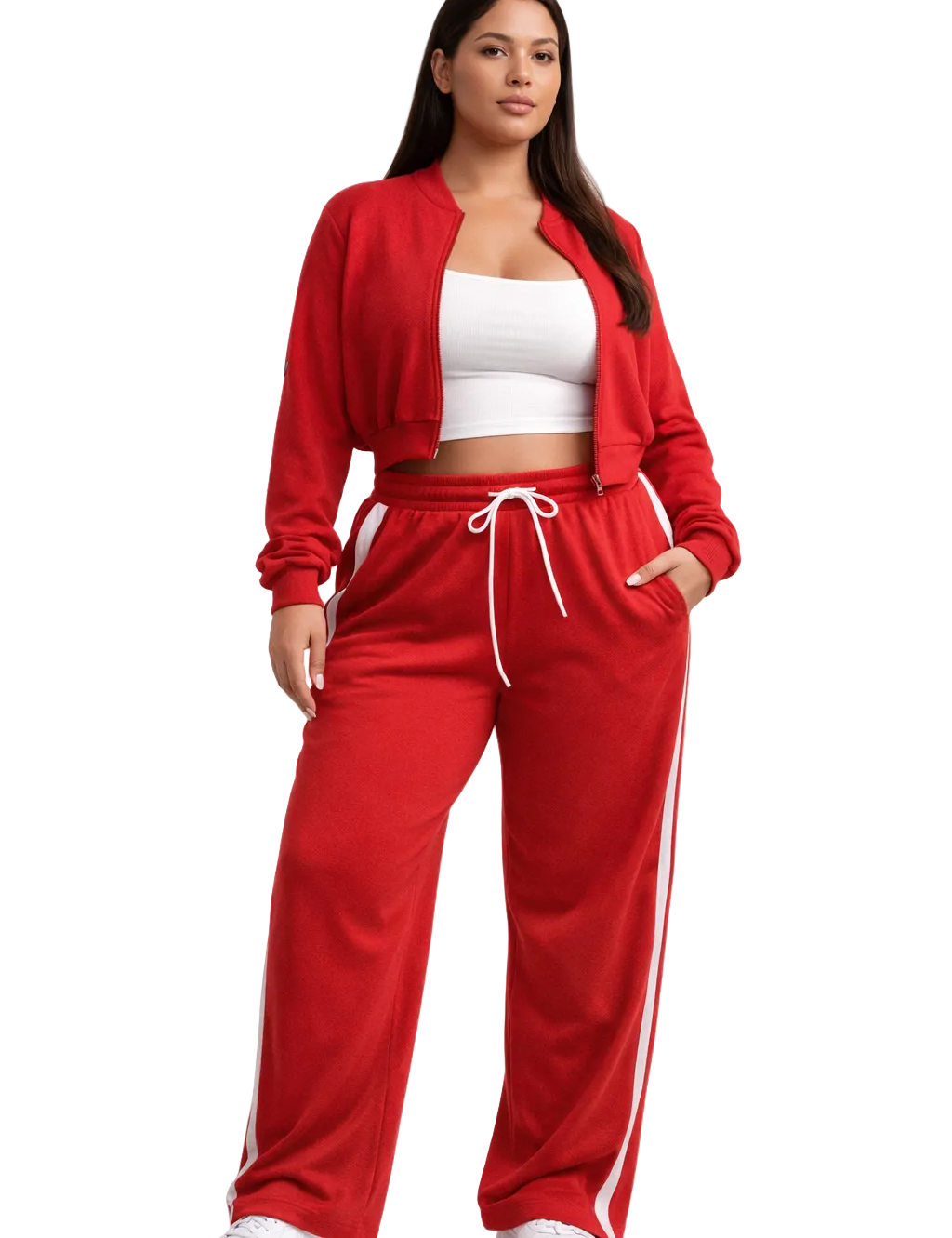 Red cropped zip jacket and wide-leg pants set with side stripe
