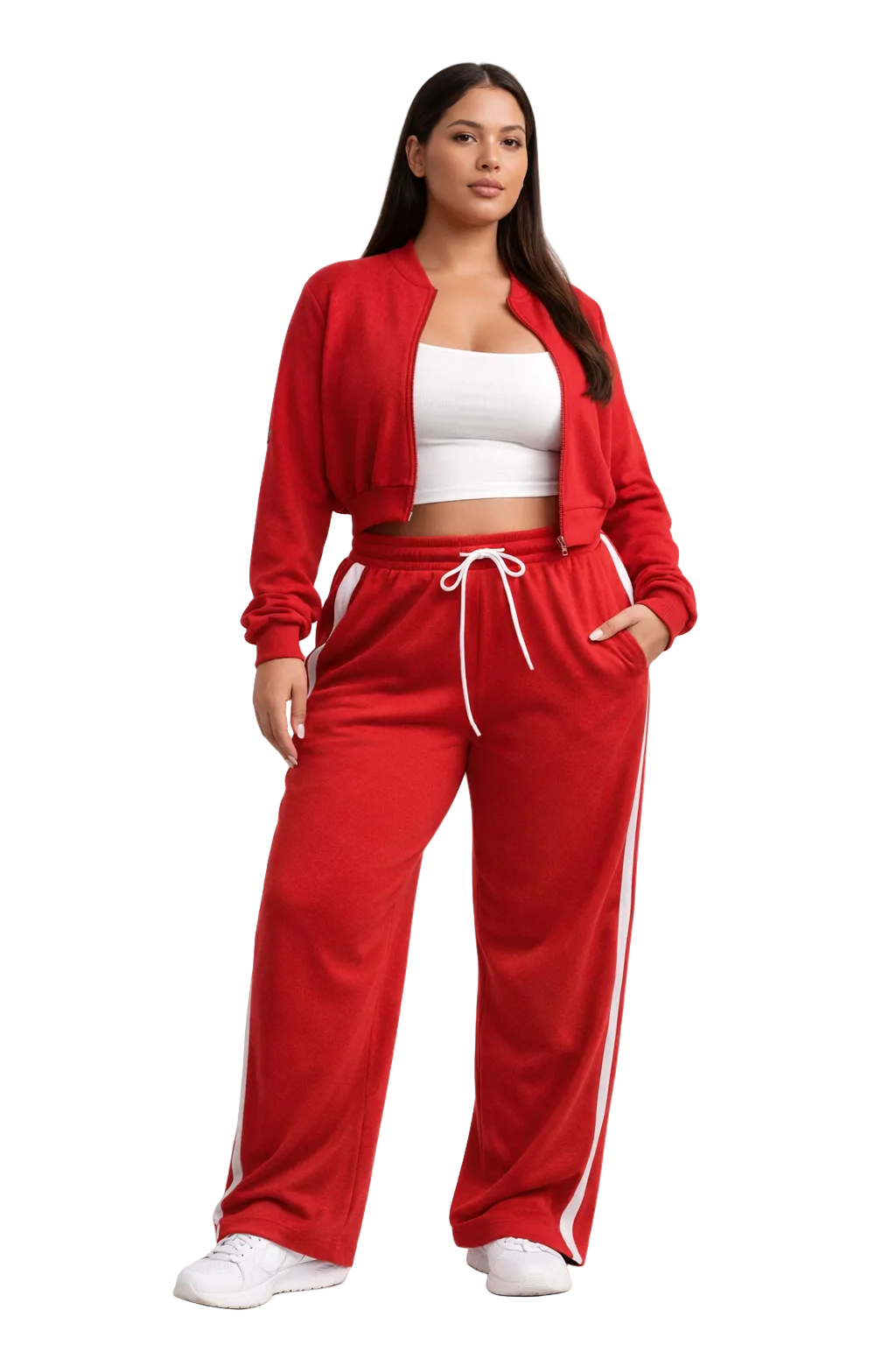 Red cropped zip jacket and wide-leg pants set with side stripe