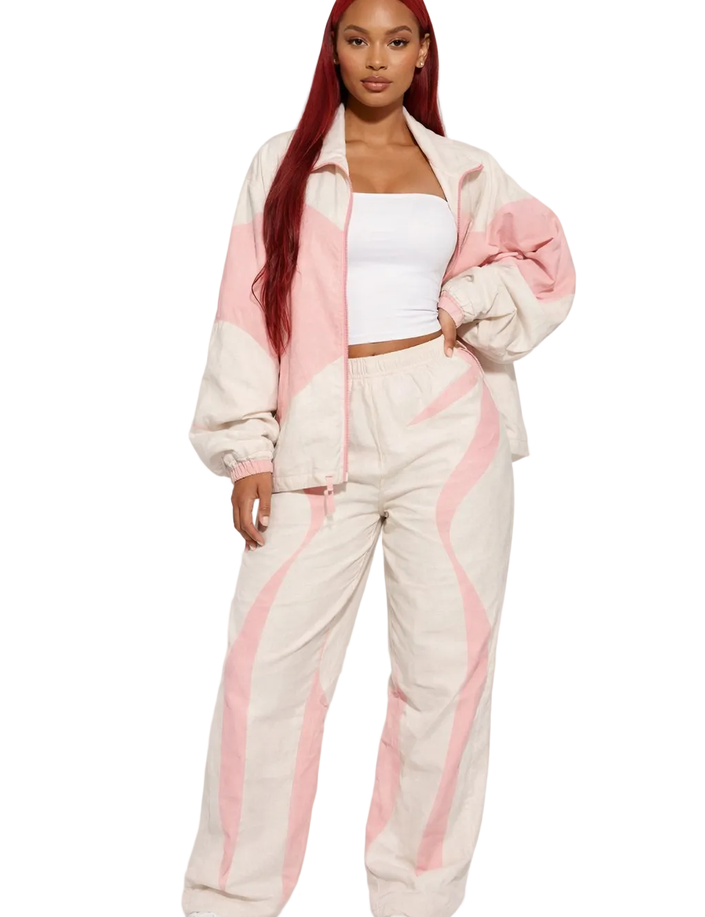 Beige wide-leg pants with pink wave panel detailing