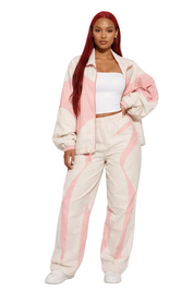 Beige wide-leg pants with pink wave panel detailing