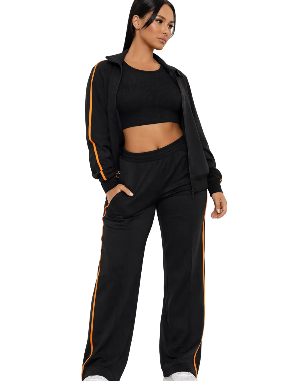 Black zip-up jacket and wide-leg pants set with stripe detail