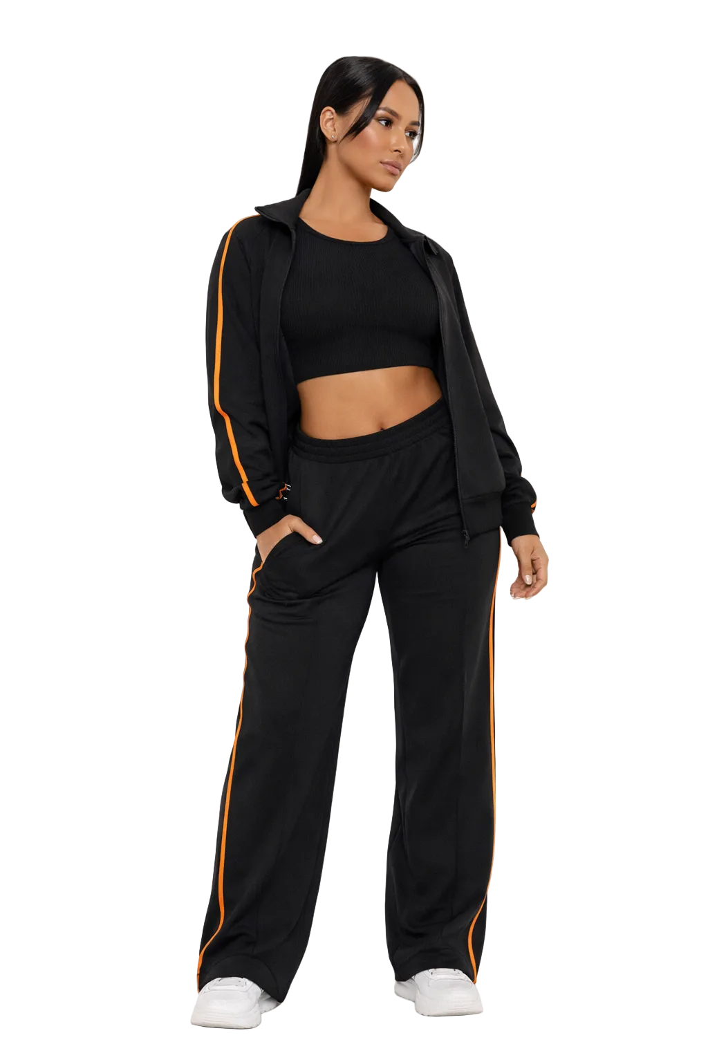 Black zip-up jacket and wide-leg pants set with stripe detail
