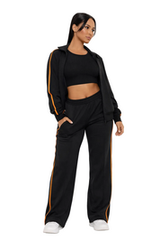Black zip-up jacket and wide-leg pants set with stripe detail