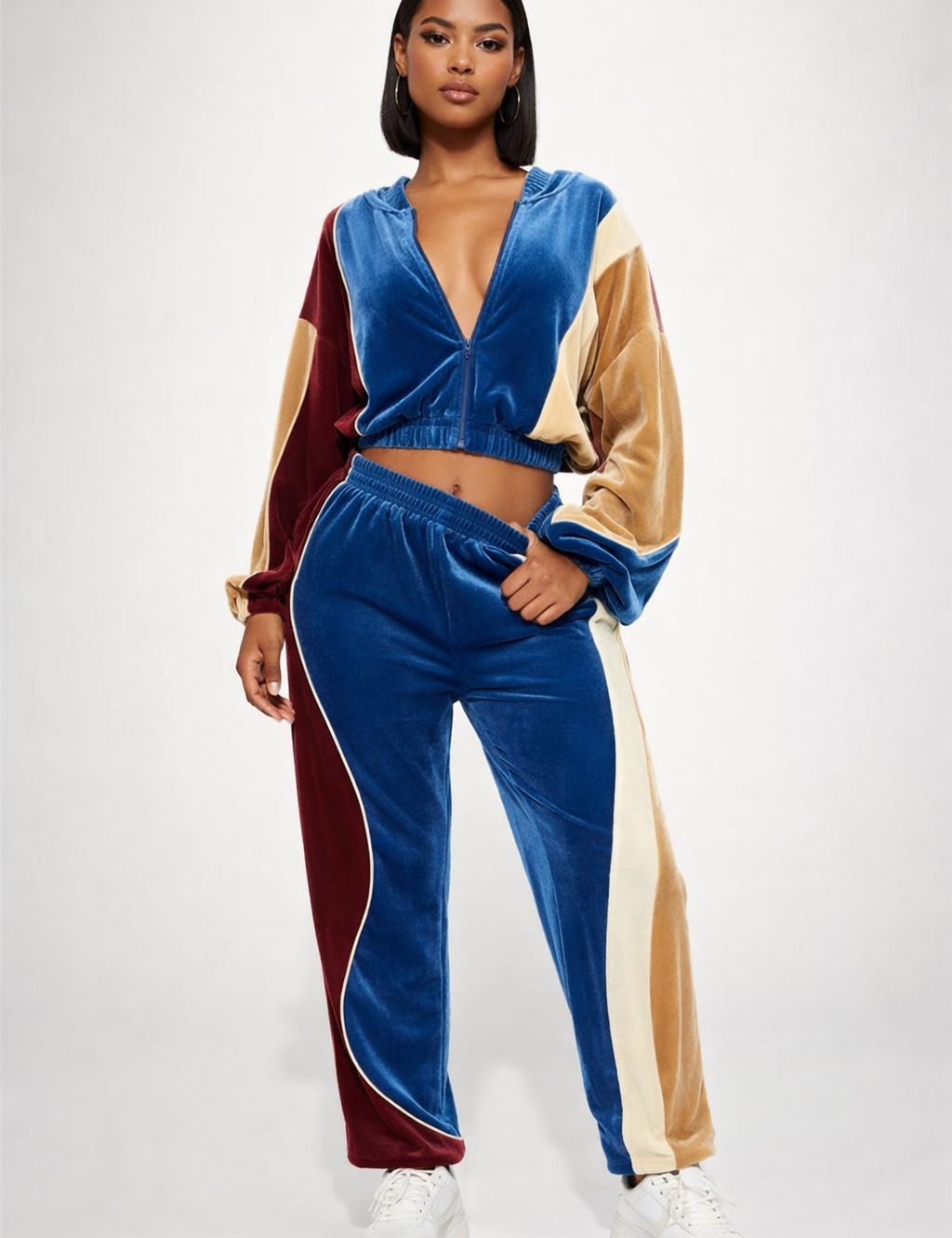 Color-block hooded zip jacket and jogger set in blue and burgundy