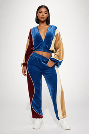 Color-block hooded zip jacket and jogger set in blue and burgundy