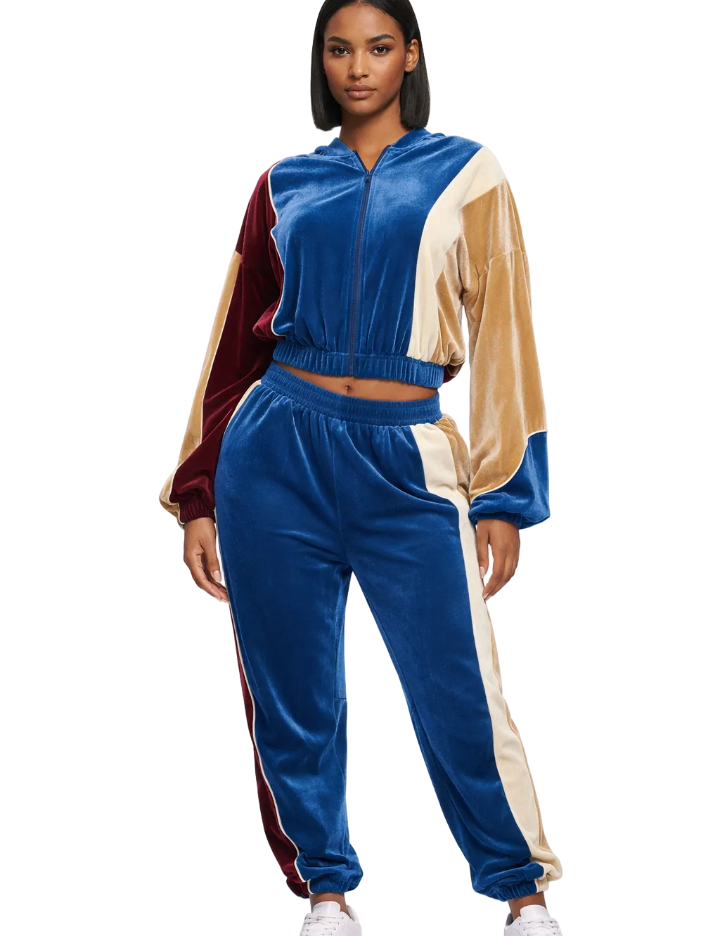 Color-block hooded zip jacket and jogger set in blue and burgundy