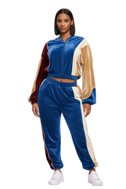 Color-block hooded zip jacket and jogger set in blue and burgundy