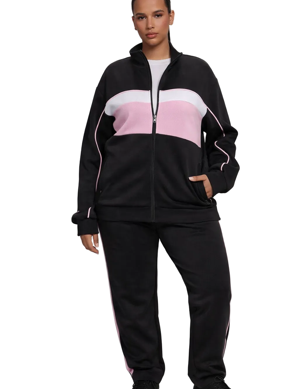 Black zip jacket and straight-leg pants set with pink panel
