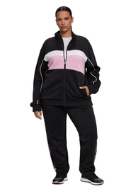 Black zip jacket and straight-leg pants set with pink panel