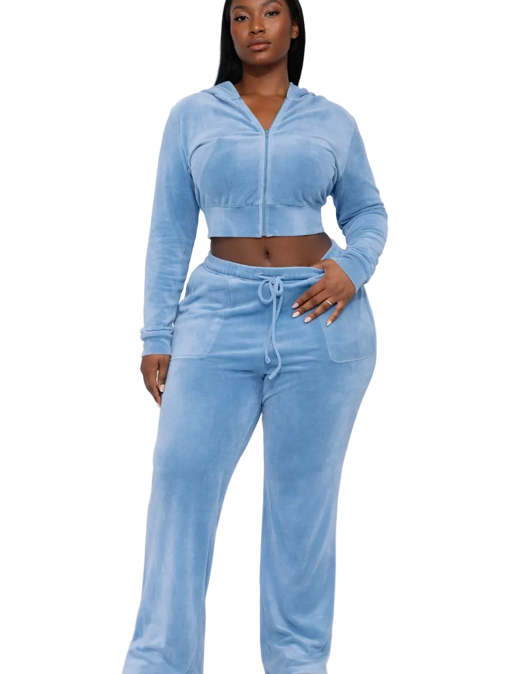 Light blue cropped hoodie and wide-leg pants set