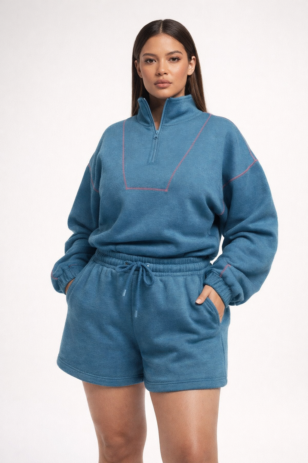Teal half-zip sweatshirt and shorts set with contrast stitching