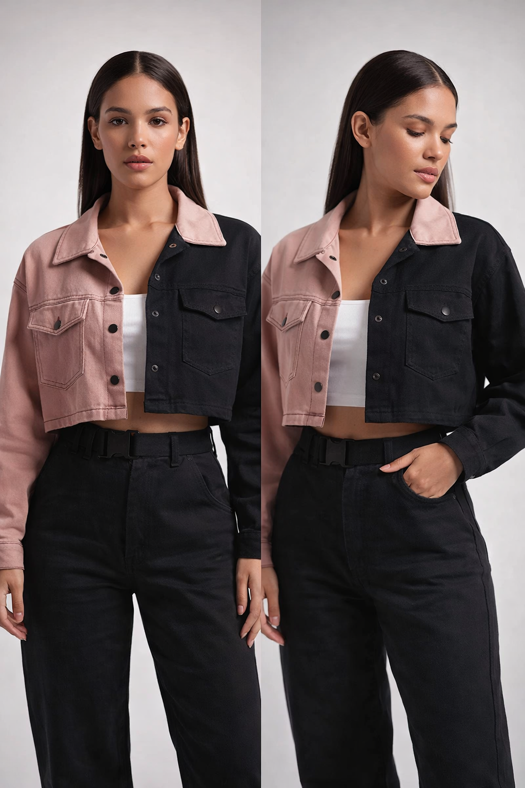 Two-tone cropped jacket with button front and flap pockets
