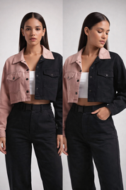 Two-tone cropped jacket with button front and flap pockets