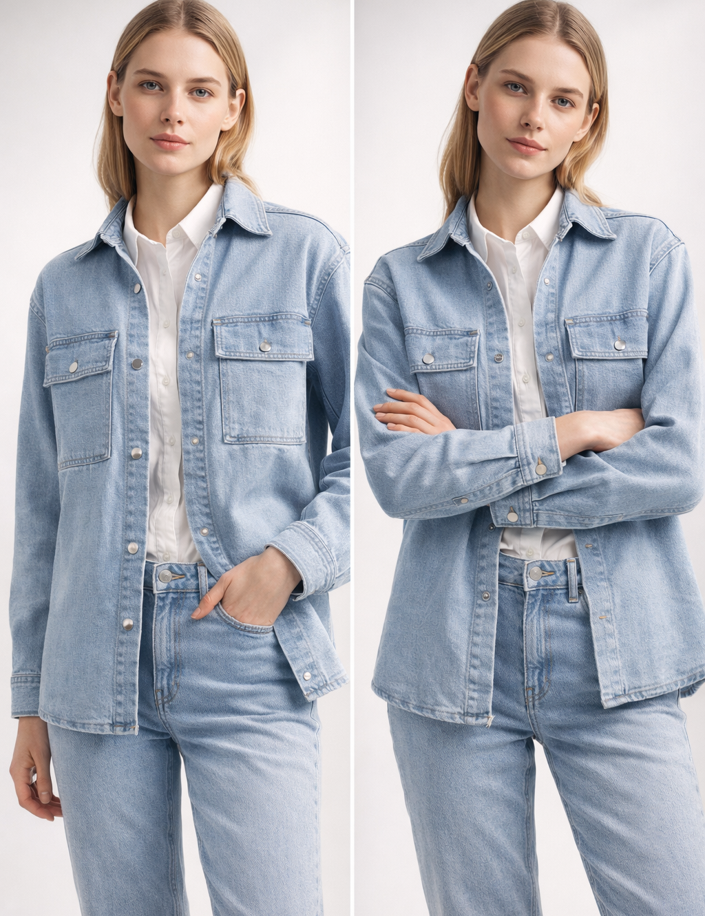 Light blue denim shirt jacket with flap chest pockets