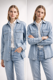 Light blue denim shirt jacket with flap chest pockets