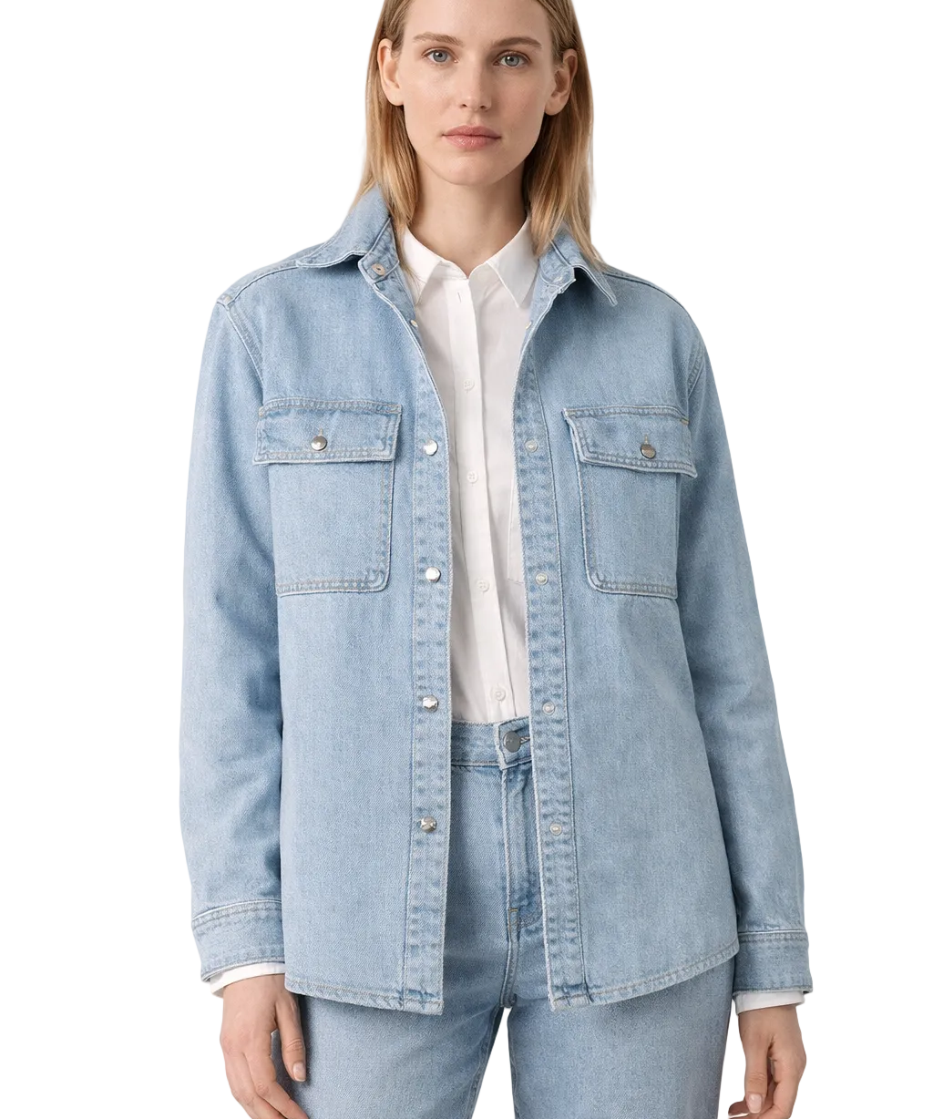 Light blue denim shirt jacket with flap chest pockets