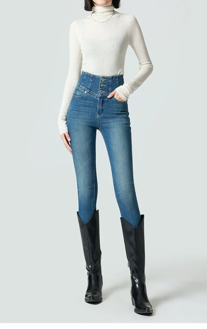 Medium Blue High-Waist Skinny Jeans with Corset Waistband