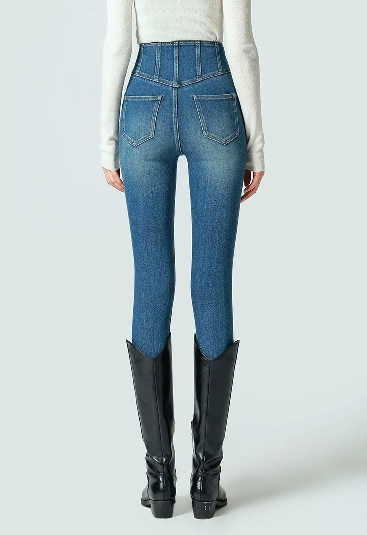 Medium Blue High-Waist Skinny Jeans with Corset Waistband
