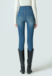 Medium Blue High-Waist Skinny Jeans with Corset Waistband