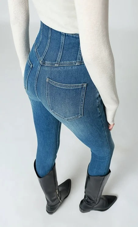 Medium Blue High-Waist Skinny Jeans with Corset Waistband