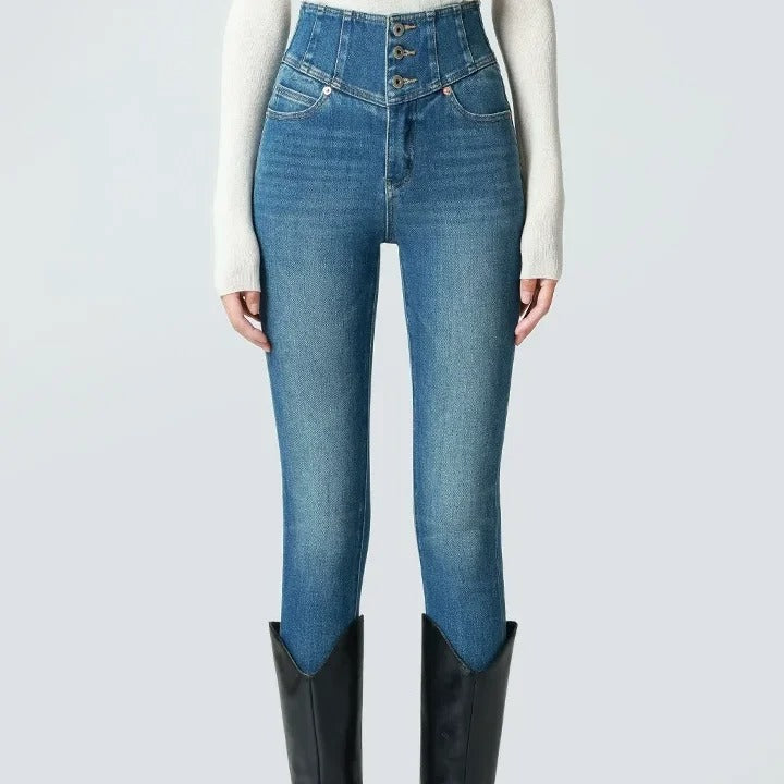 Medium Blue High-Waist Skinny Jeans with Corset Waistband