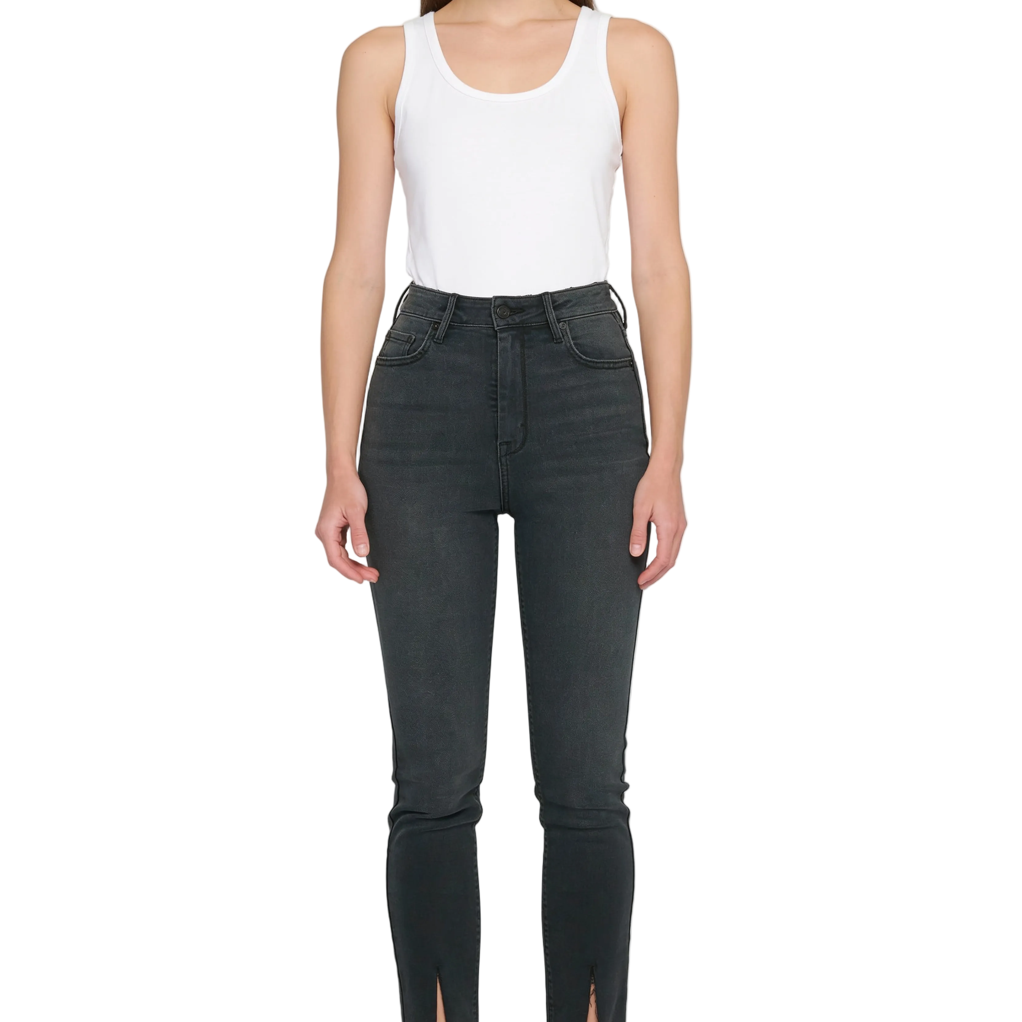 Washed Black High-Rise Skinny Jeans with Front Slit Hem