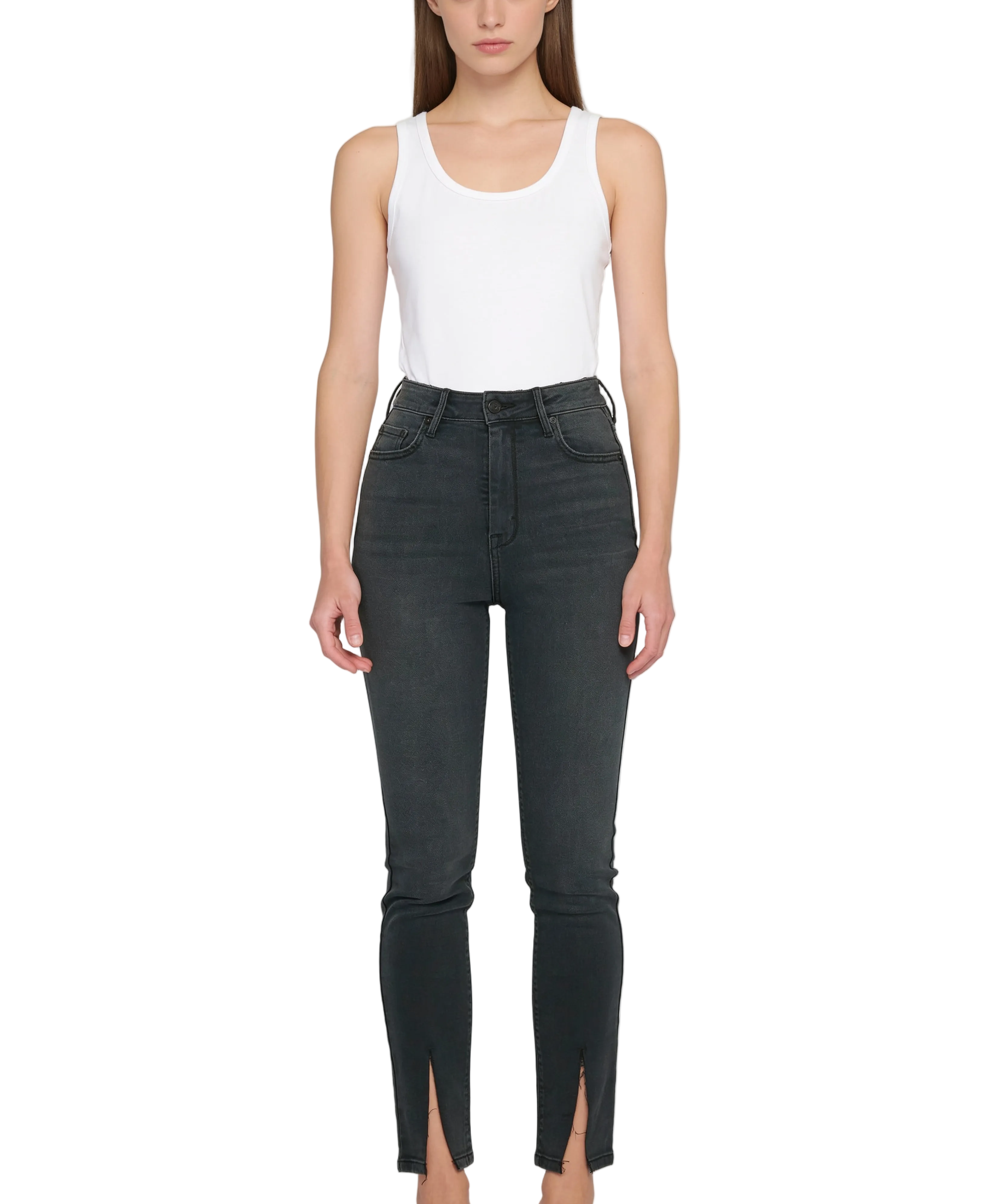 Washed Black High-Rise Skinny Jeans with Front Slit Hem