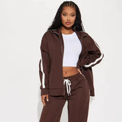 Brown zip jacket and wide-leg pants set with side stripe