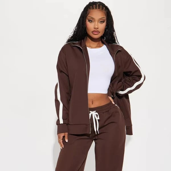 Brown zip jacket and wide-leg pants set with side stripe