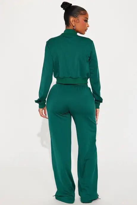 Green cropped zip jacket and wide-leg pants set