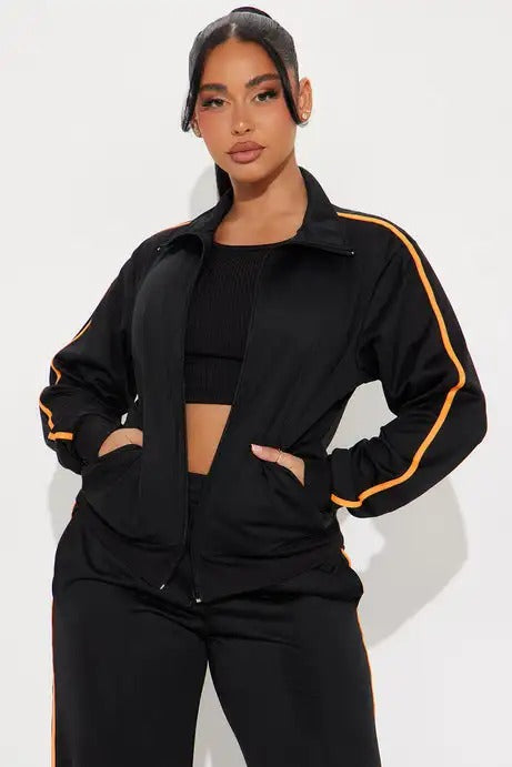Black zip-up jacket and wide-leg pants set with stripe detail