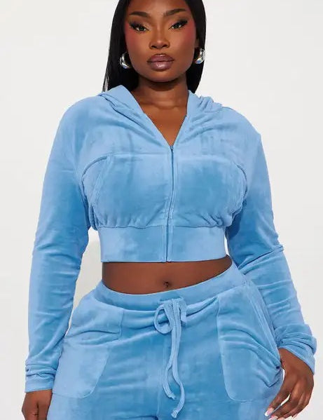 Light blue cropped hoodie and wide-leg pants set