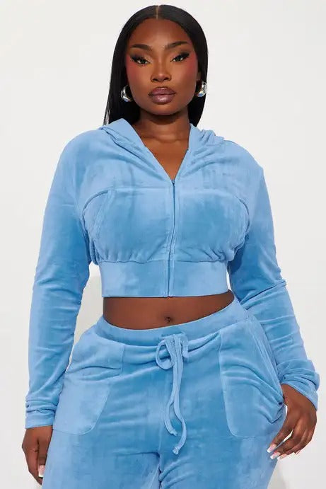 Light blue cropped hoodie and wide-leg pants set