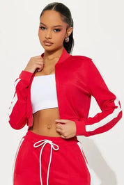 Red cropped zip jacket and wide-leg pants set with side stripe