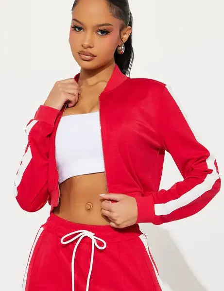 Red cropped zip jacket and wide-leg pants set with side stripe
