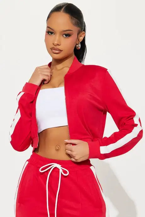 Red cropped zip jacket and wide-leg pants set with side stripe