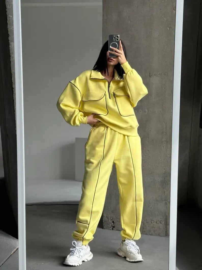 Yellow zip-up sweatshirt and jogger set with contrast seams