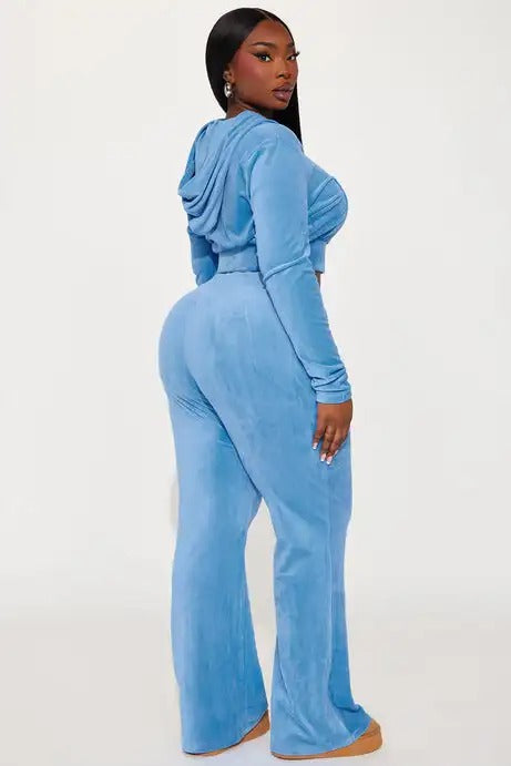 Light blue cropped hoodie and wide-leg pants set