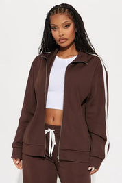 Brown zip jacket and wide-leg pants set with side stripe