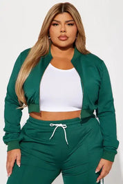 Green cropped zip jacket and wide-leg pants set