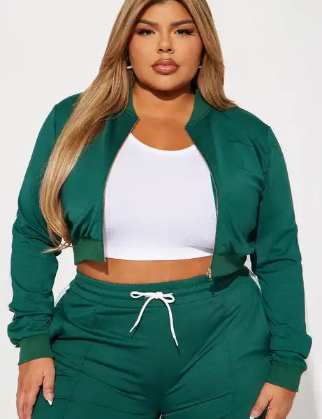Green cropped zip jacket and wide-leg pants set