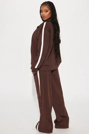 Brown zip jacket and wide-leg pants set with side stripe