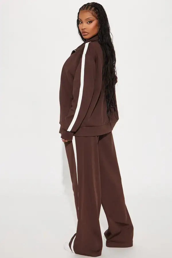 Brown zip jacket and wide-leg pants set with side stripe
