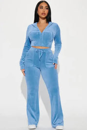 Light blue cropped hoodie and wide-leg pants set