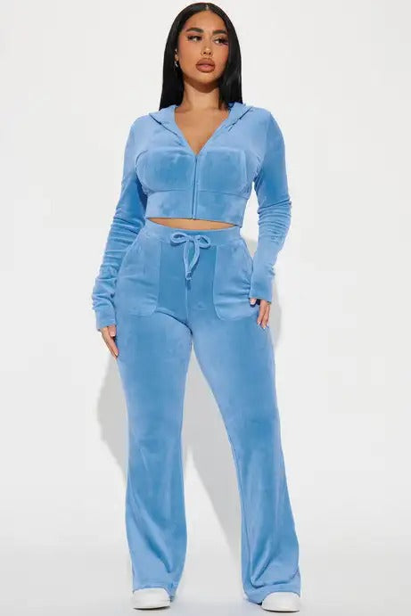 Light blue cropped hoodie and wide-leg pants set