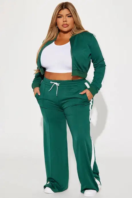Green cropped zip jacket and wide-leg pants set